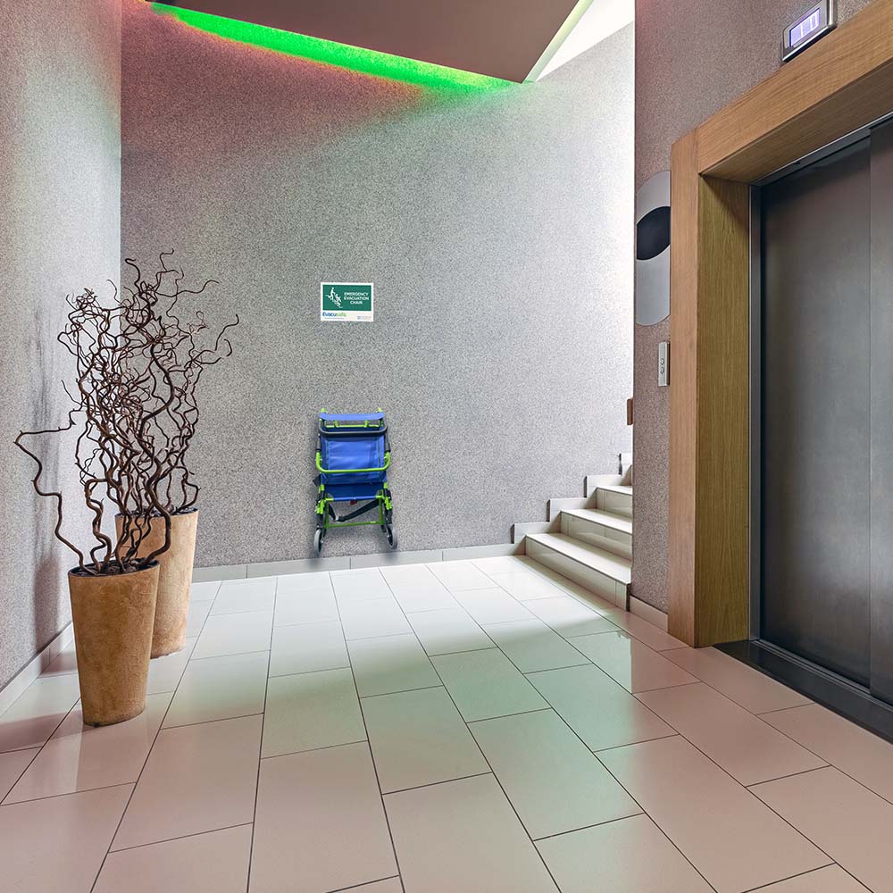 A practical use of the Evacusafe Tri-wheel Transit Chair.