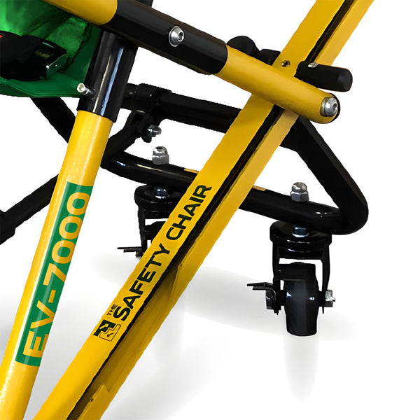 A close-up of the Safety Chair EV-7000's Industrial-locking castor wheels.