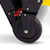 A close-up of the Safety Chair EV-9000's industrial locking rear wheel.