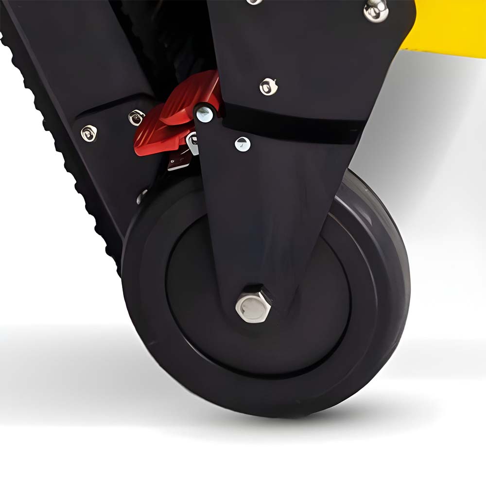 A close-up of the Safety Chair EV-9000's industrial locking rear wheel.