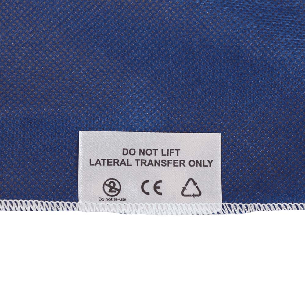 A close-up of the label on the Interweave Healthcare Ambulance Fitted Stretcher Sheet, reading "DO NOT LIFT. LATERAL TRANSFER ONLY".