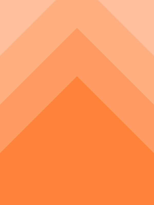 A minimalist graphic design featuring three nested chevron shapes in shades of orange and peach, with a solid orange triangle at the bottom.