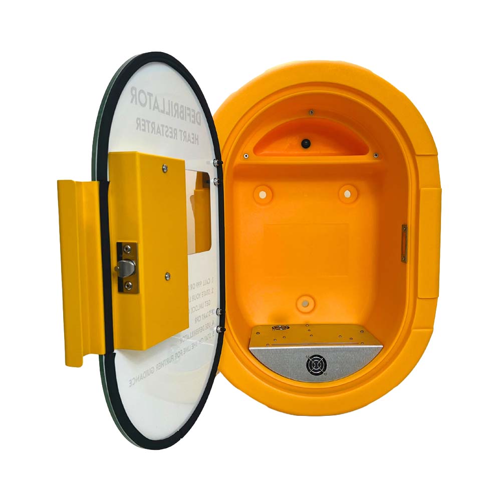 The DefibSafe 2 External Lockable Cabinet, opened and empty.