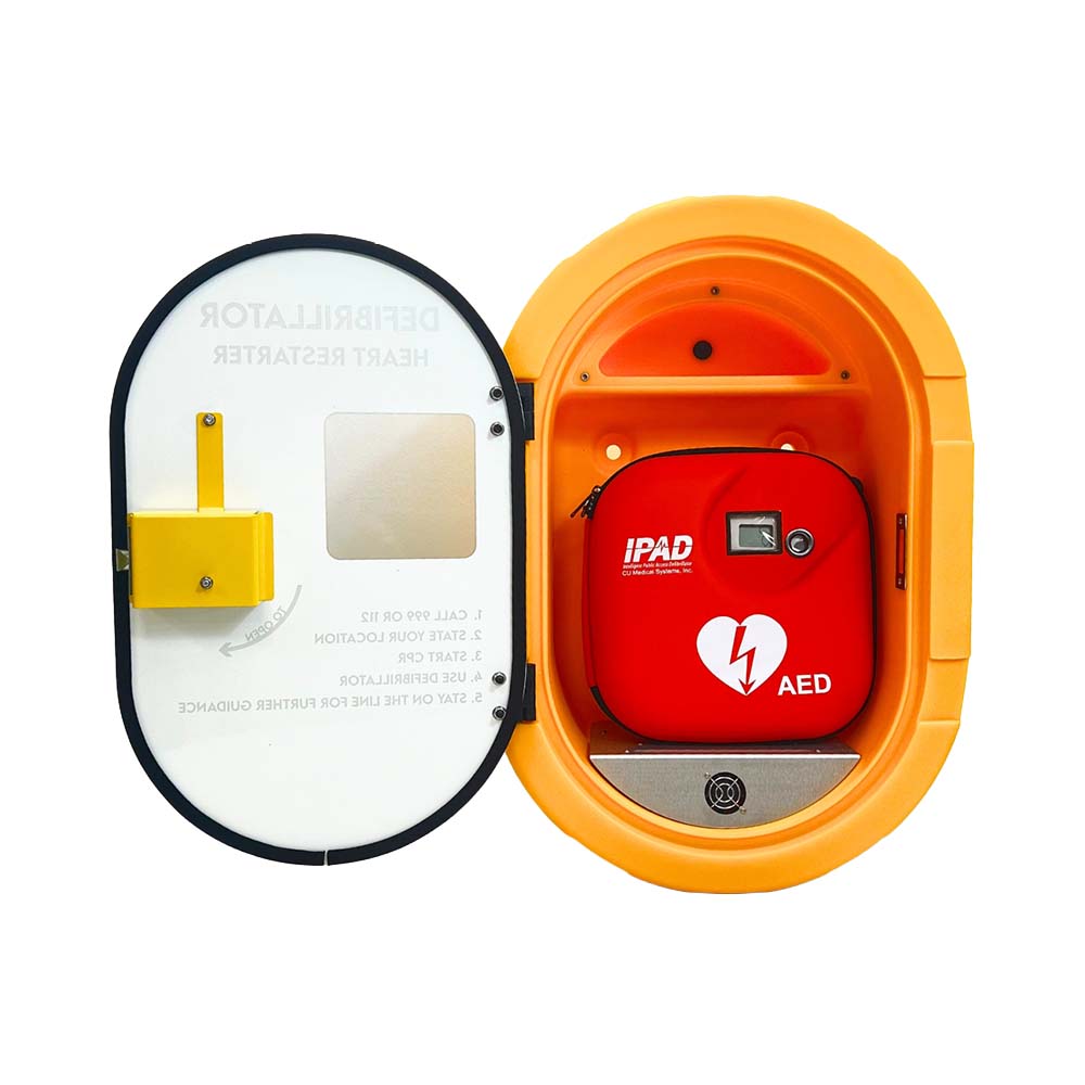 DefibSafe 2 External Unlocked Cabinet, opened with an iPAD AED inside.