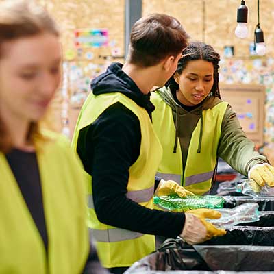 Two people in high-visibility vests working together in a warehouse setting.