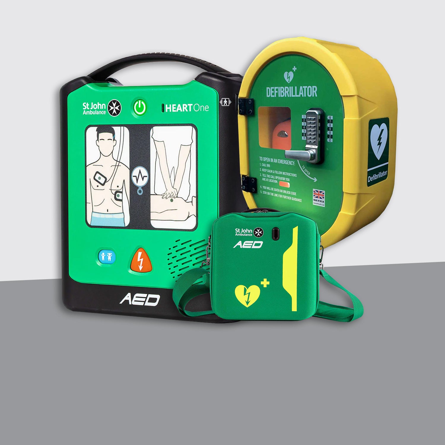 St John Ambulance Heart One Semi Automatic Defibrillator Bundle with External Locked Cabinet