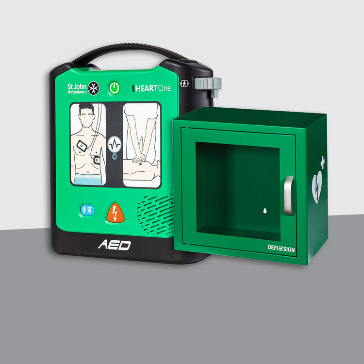 St John Ambulance Heart One Semi Automatic Defibrillator Bundle with Alarmed Internal Cabinet