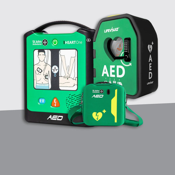 St John Ambulance HEART One Semi Automatic Defibrillator Bundle with LifeVault Locked Cabinet