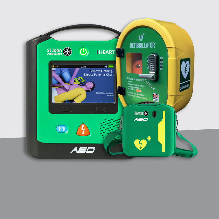 St John Ambulance Heart Two Semi Automatic Defibrillator Bundle with External Locked Cabinet