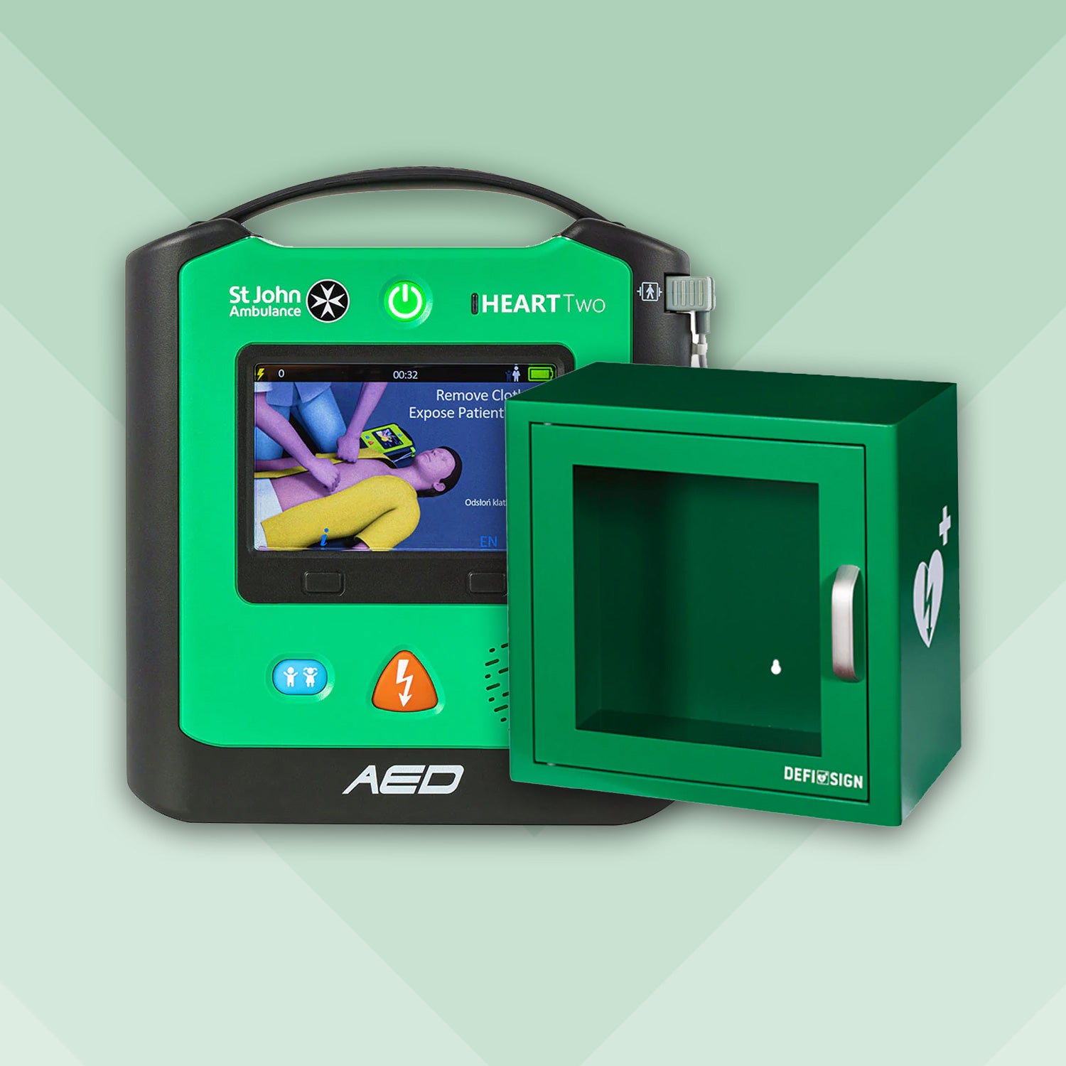 HEART Two Semi Automatic Defibrillator Bundle with Alarmed Internal Cabinet