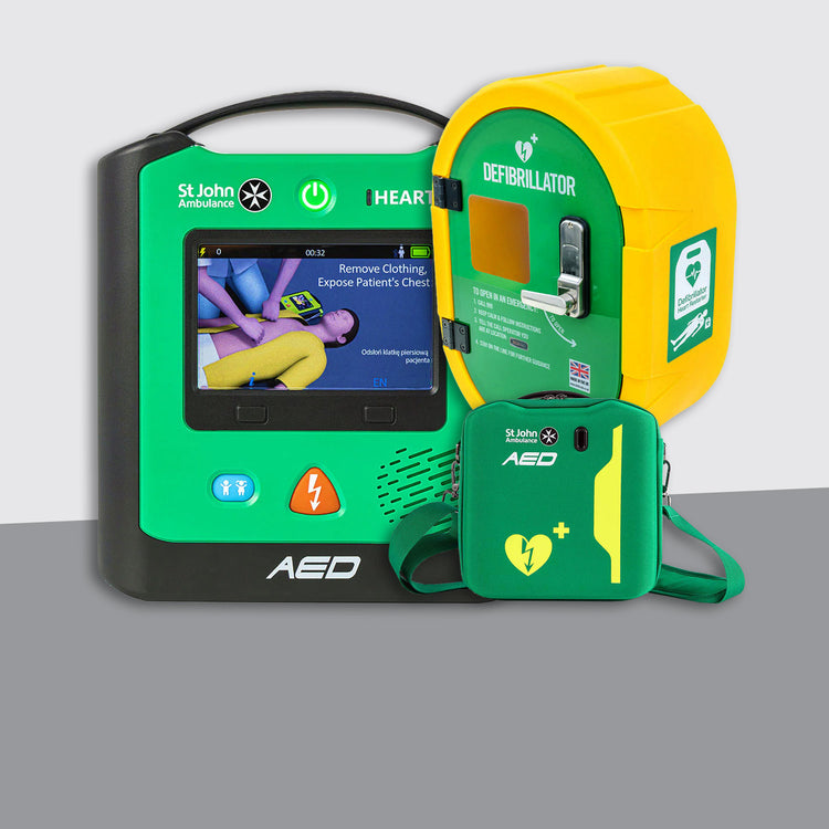 St John Ambulance Heart Two Semi Automatic Defibrillator Bundle with External Unlocked Cabinet