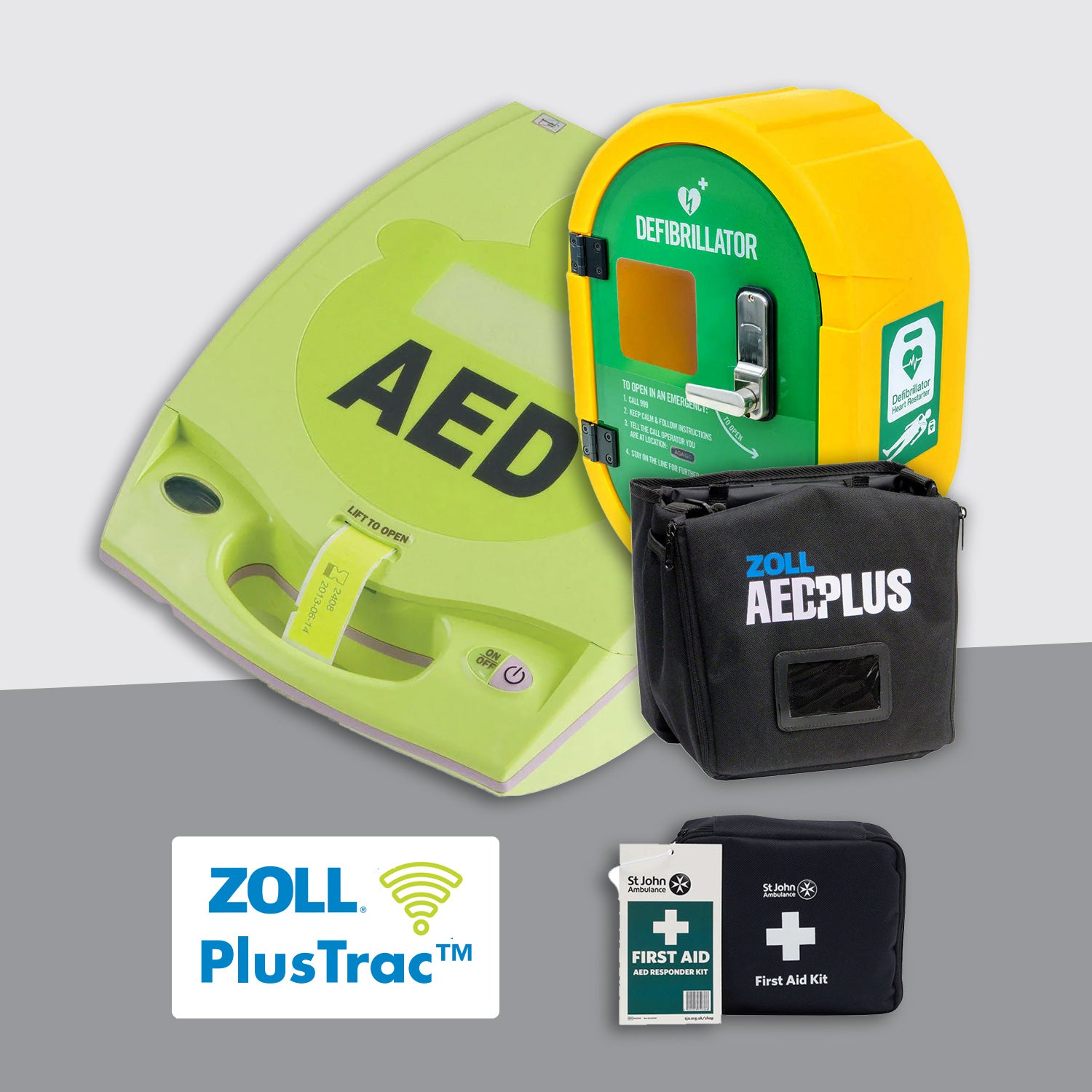 ZOLL AED PLUS Fully Automatic Defibrillator Premium Bundle with External Unlocked Cabinet