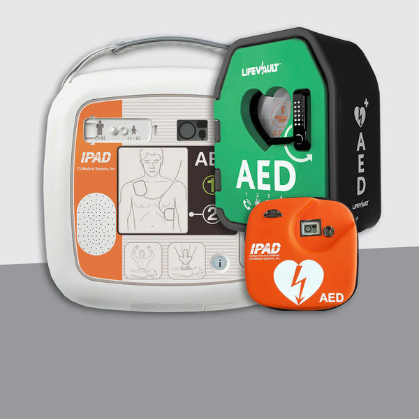iPAD SP1 Fully Automatic Defibrillator Bundle with LifeVault Locked Cabinet