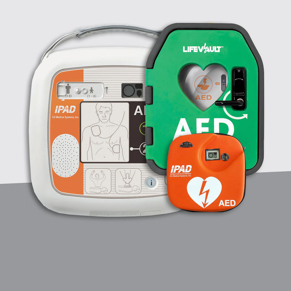 iPAD SP1 Fully Automatic Defibrillator Bundle with LifeVault Unlocked Cabinet
