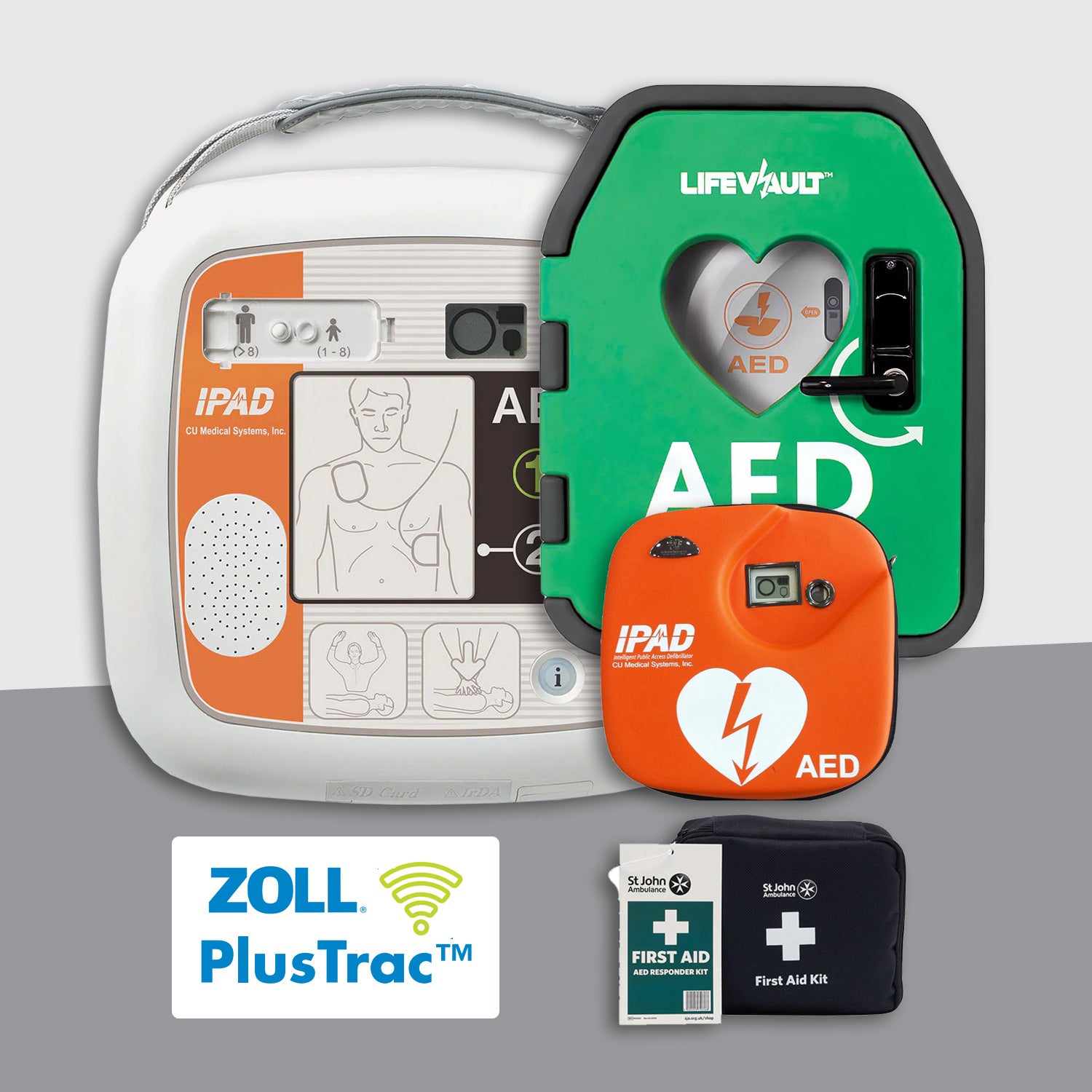 iPAD SP1 Fully Automatic Defibrillator Premium Bundle with LifeVault Unlocked Cabinet