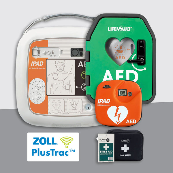 iPAD SP1 Fully Automatic Defibrillator Premium Bundle with LifeVault Unlocked Cabinet